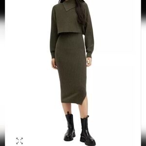 Green Allsaints Margetta 2-in-1 Ribbed Midi Dress (L)